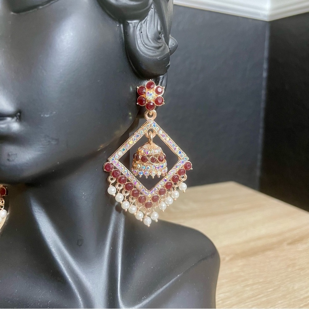 Gold and Red Maroon Earrings Jhumka Dimond Shape